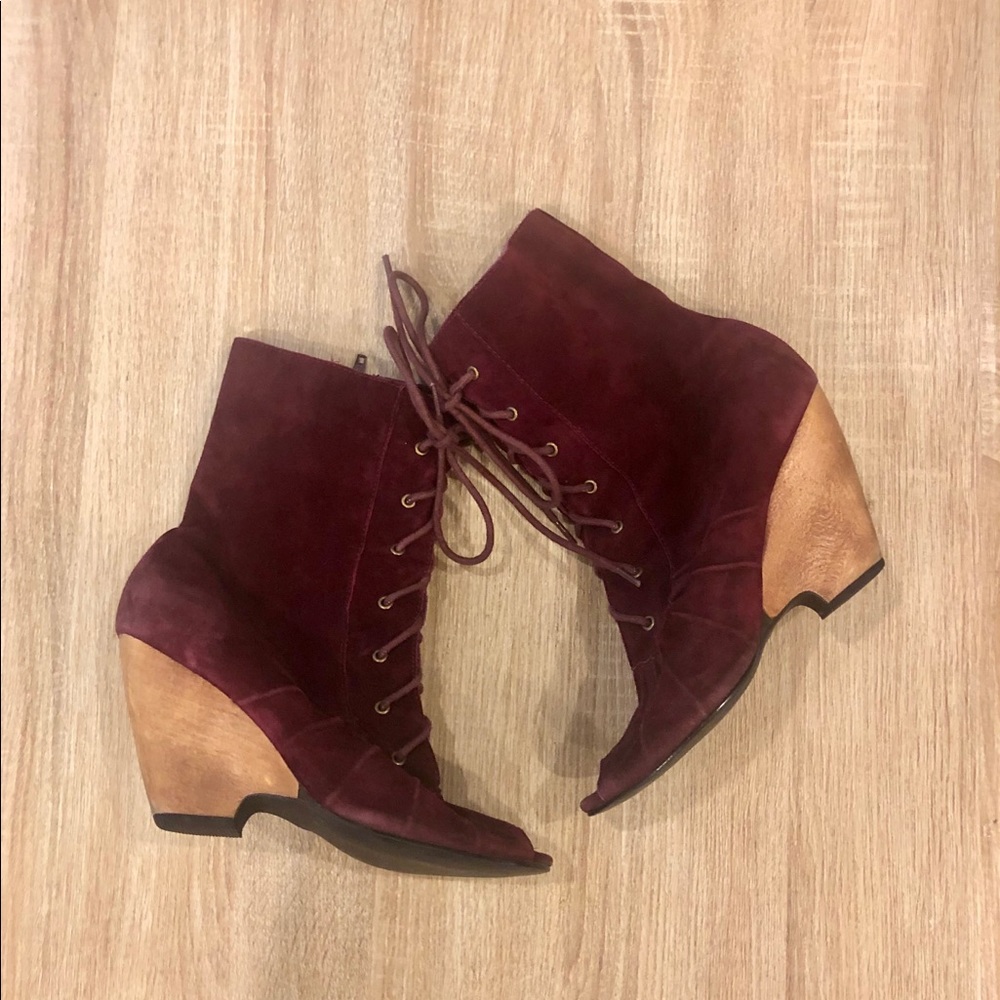 Restricted velvet wine lace up booties. Size 8